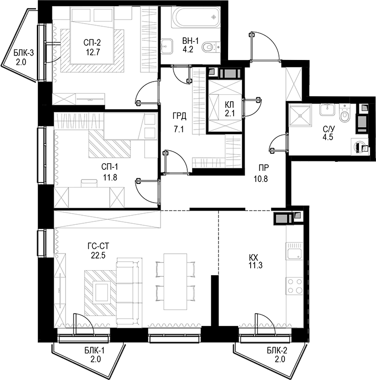Планировка — Трилогия «Кристалл», 3-комн., 87 м²