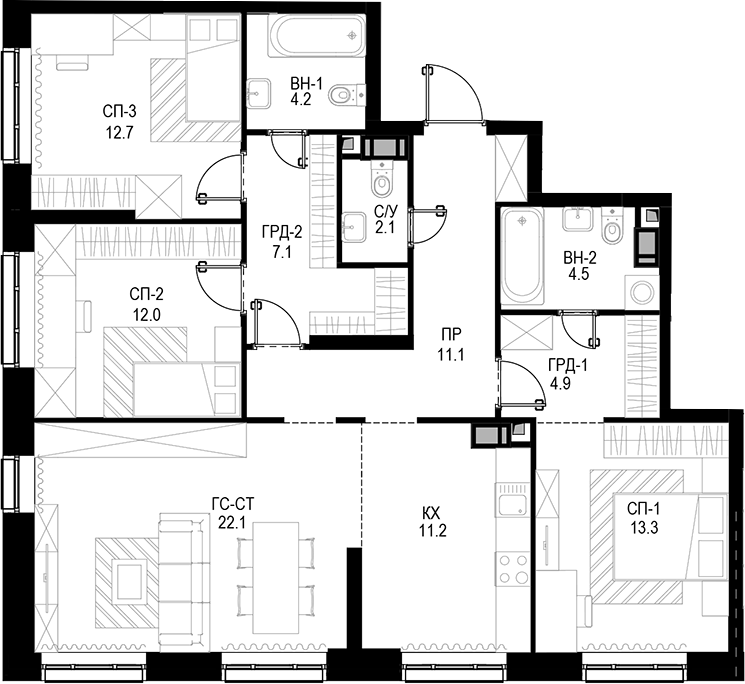 Планировка — Трилогия «Кристалл», 4-комн., 105 м²