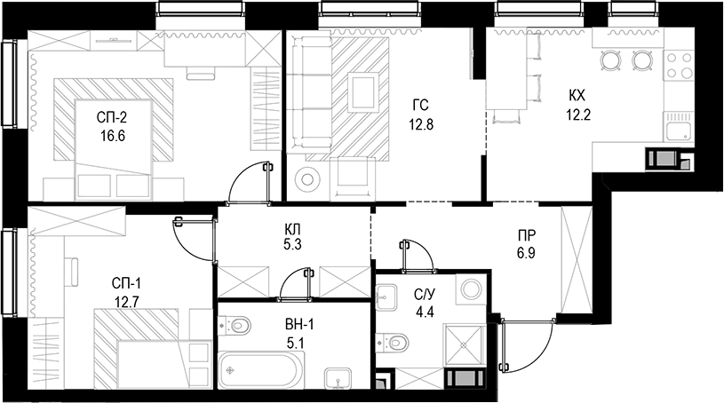 Планировка — Трилогия «Кристалл», 3-комн., 76 м²