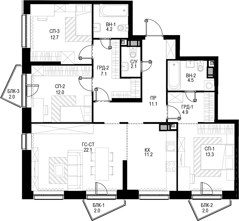 Планировка — Трилогия «Кристалл», 4-комн., 105 м²