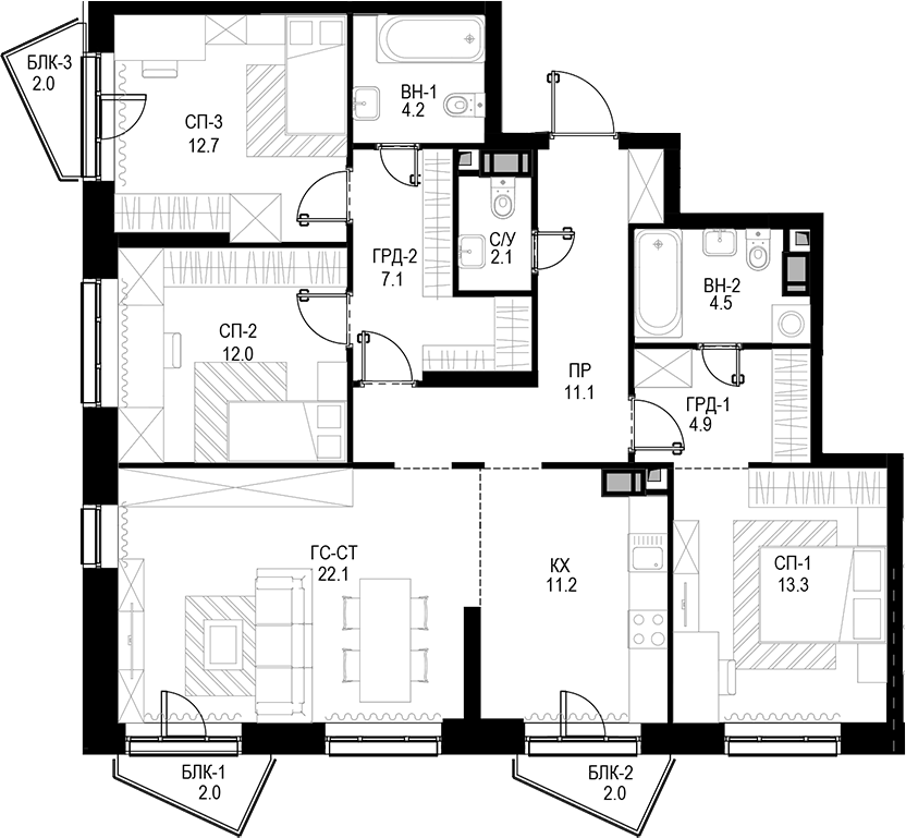Планировка — Трилогия «Кристалл», 4-комн., 105 м²