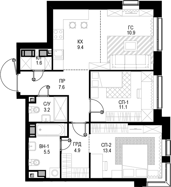 Планировка — Трилогия «Кристалл», 3-комн., 68 м²