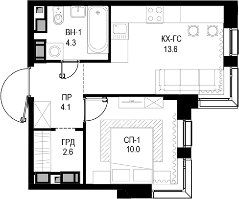 Планировка — Трилогия «Кристалл», 1-комн., 35 м²
