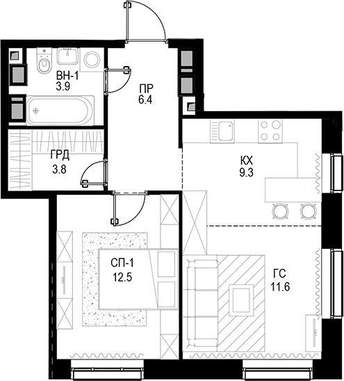 Планировка — Трилогия «Кристалл», 2-комн., 48 м²