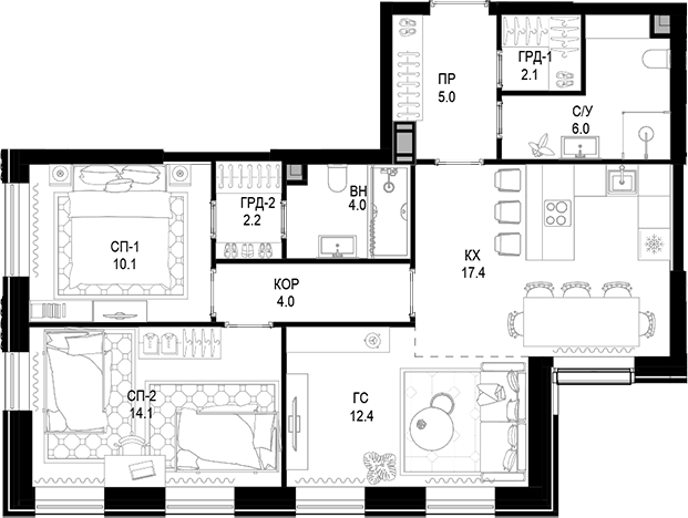 Планировка — Трилогия «Кристалл», 3-комн., 77 м²