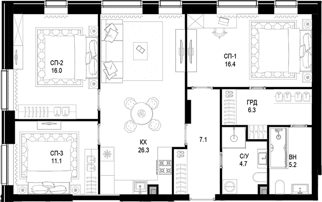 Планировка — Трилогия «Кристалл», 3-комн., 93 м²