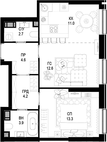 Планировка — Трилогия «Кристалл», 2-комн., 52 м²