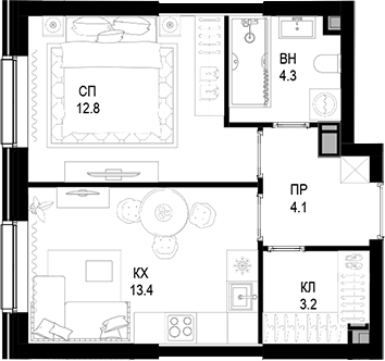 Планировка — Трилогия «Кристалл», 1-комн., 38 м²