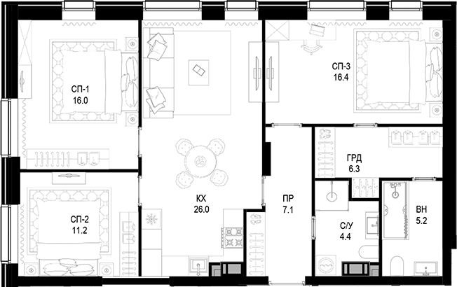 Планировка — Трилогия «Кристалл», 3-комн., 93 м²