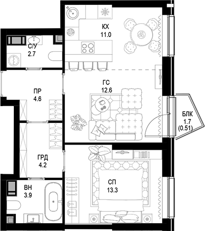 Планировка — Трилогия «Кристалл», 2-комн., 52 м²