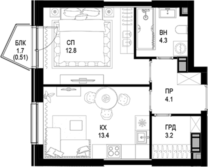 Планировка — Трилогия «Кристалл», 1-комн., 38 м²
