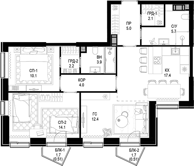 Планировка — Трилогия «Кристалл», 3-комн., 77 м²