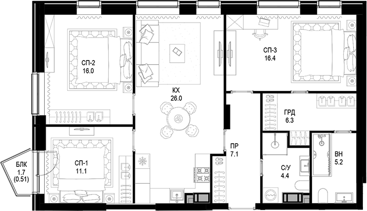 Планировка — Трилогия «Кристалл», 3-комн., 92 м²