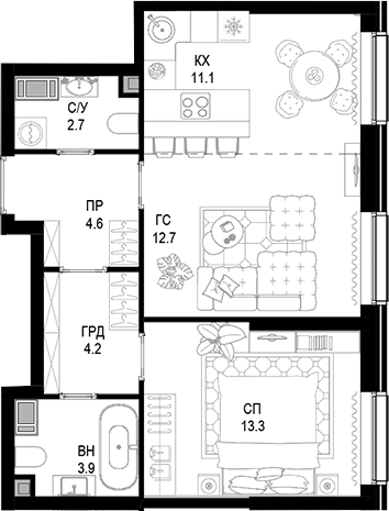 Планировка — Трилогия «Кристалл», 2-комн., 53 м²