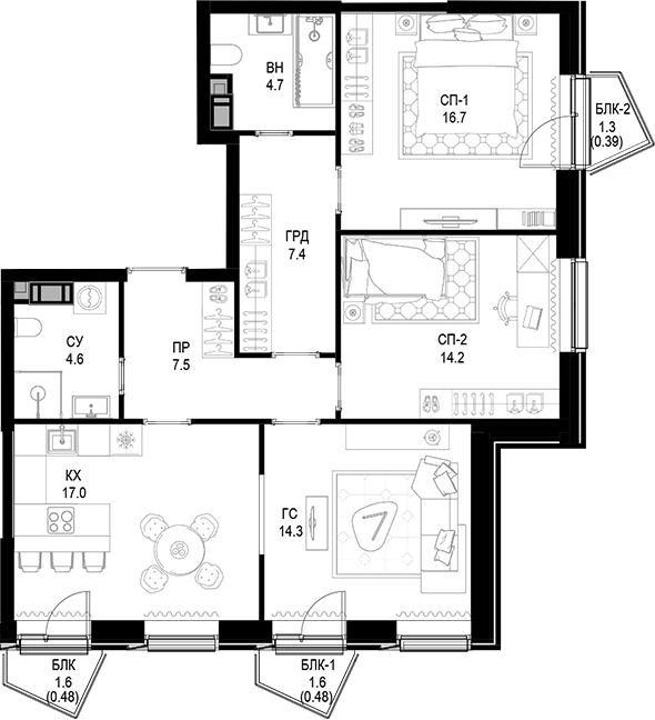 Планировка — Трилогия «Кристалл», 3-комн., 86 м²