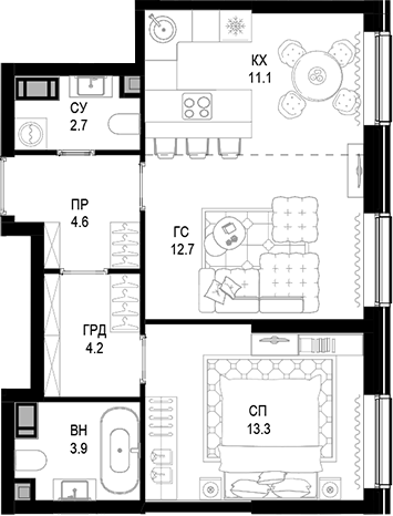 Планировка — Трилогия «Кристалл», 2-комн., 53 м²