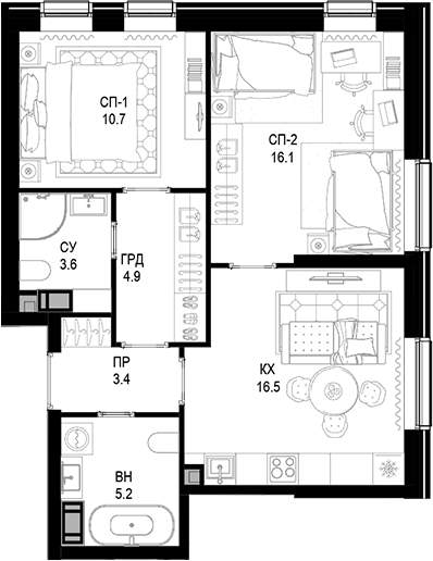 Планировка — Трилогия «Кристалл», 2-комн., 60 м²