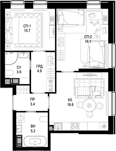 Планировка — Трилогия «Кристалл», 2-комн., 61 м²