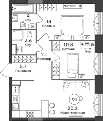 Планировка — Era, 3-комн., 60 м²