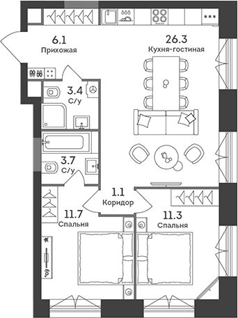 Планировка — Era, 3-комн., 64 м²