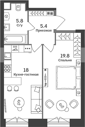 Планировка — Era, 2-комн., 49 м²