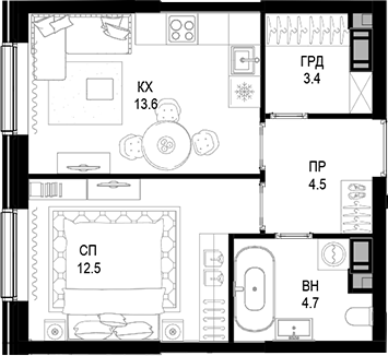 Планировка — Трилогия «Кристалл», 1-комн., 39 м²
