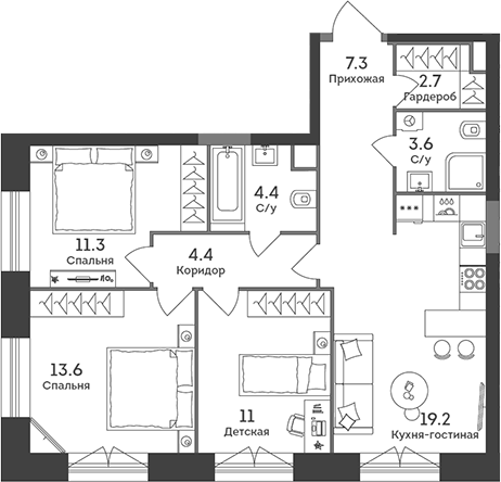 Планировка — Era, 4-комн., 78 м²