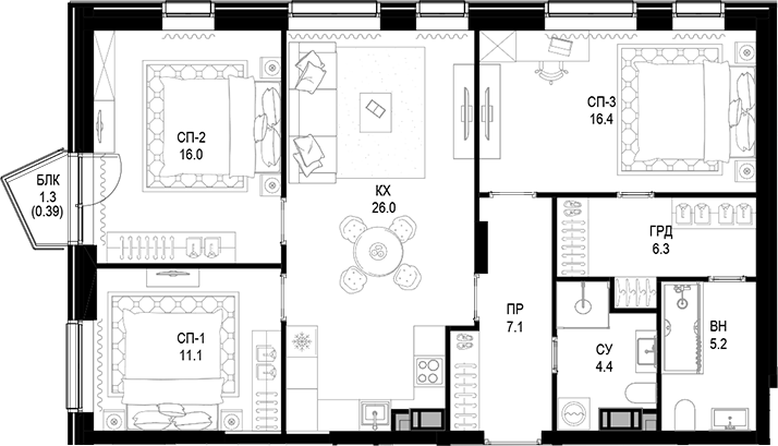 Планировка — Трилогия «Кристалл», 3-комн., 93 м²