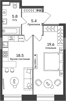 Планировка — Era, 2-комн., 49 м²