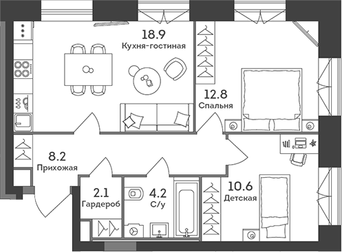 Планировка — Era, 3-комн., 57 м²