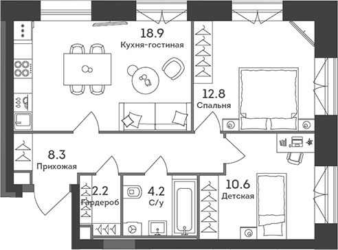 Планировка — Era, 3-комн., 57 м²