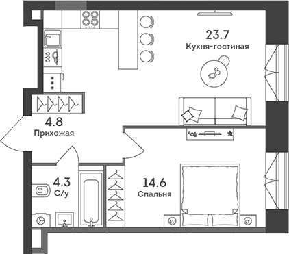 Планировка — Era, 2-комн., 47 м²