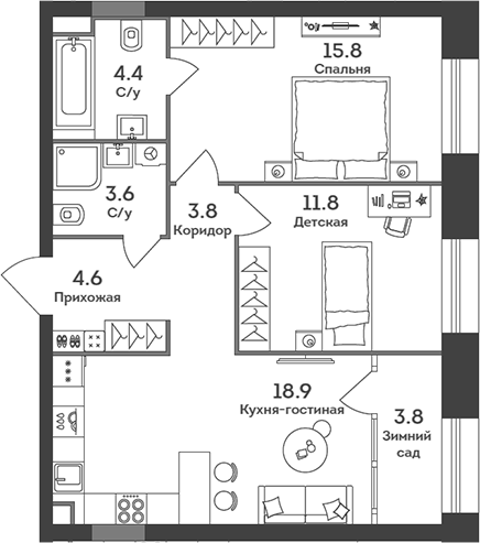 Планировка — Era, 3-комн., 63 м²