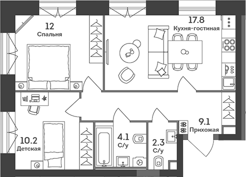 Планировка — Era, 3-комн., 56 м²