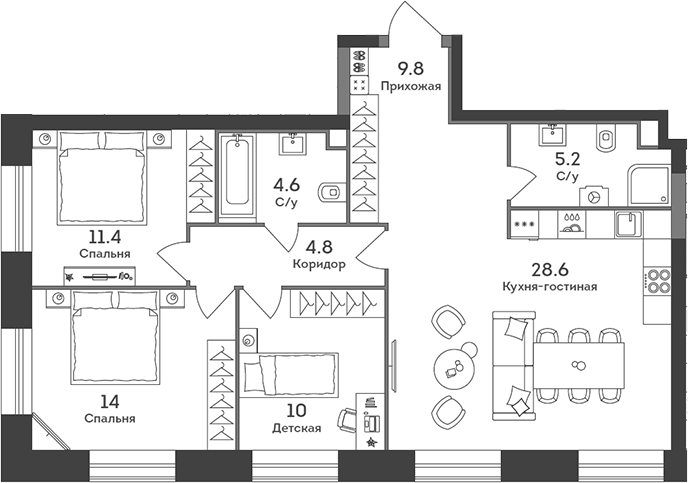 Планировка — Era, 4-комн., 88 м²