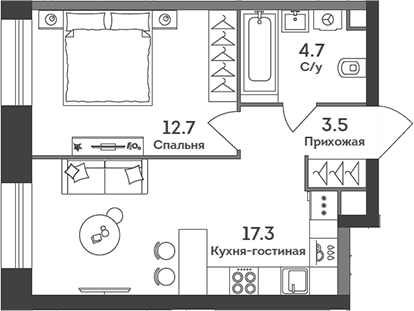 Планировка — Era, 2-комн., 38 м²