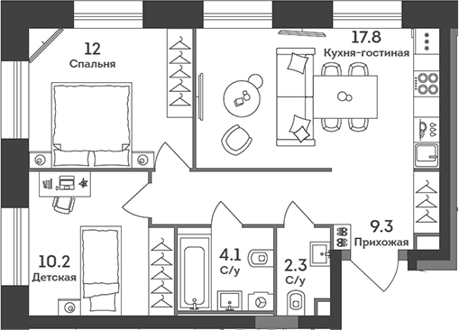 Планировка — Era, 3-комн., 56 м²