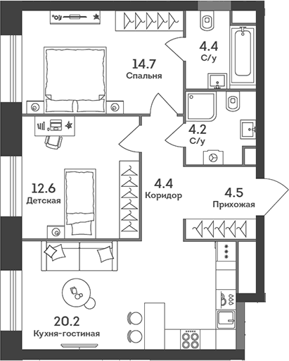 Планировка — Era, 3-комн., 65 м²