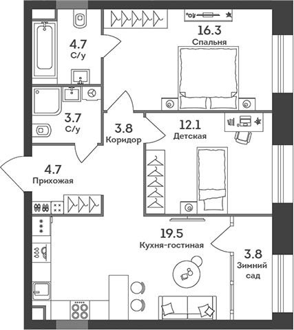 Планировка — Era, 3-комн., 65 м²