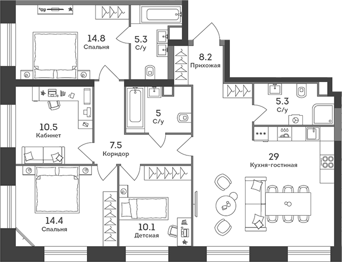 Планировка — Era, 5-комн., 110 м²