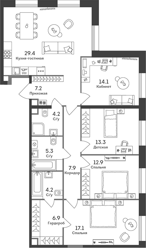 Планировка — Era, 5-комн., 123 м²