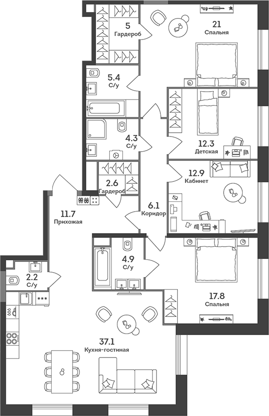 Планировка — Era, 5-комн., 143 м²