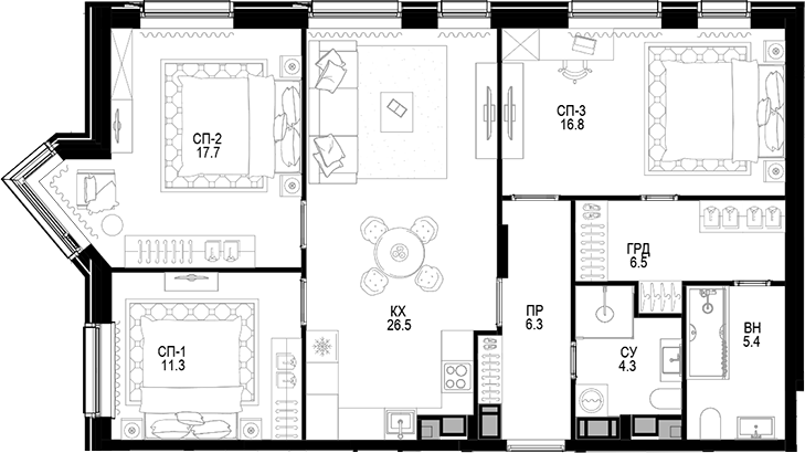 Планировка — Трилогия «Кристалл», 3-комн., 95 м²