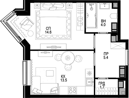 Планировка — Трилогия «Кристалл», 1-комн., 39 м²