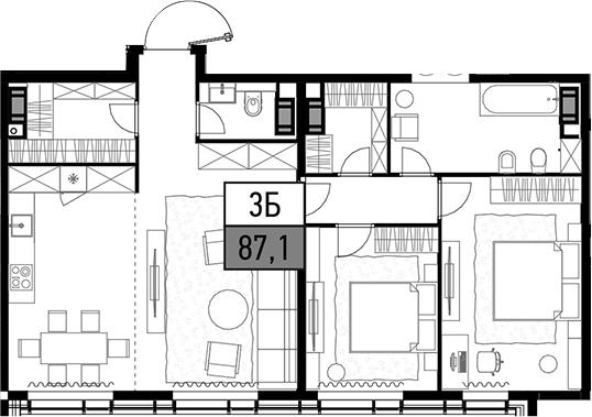 Планировка — Трилогия «Кристалл», 3-комн., 87 м²