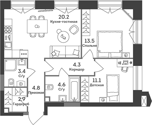 Планировка — Era, 3-комн., 65 м²