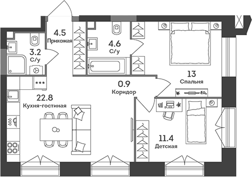 Планировка — Era, 3-комн., 60 м²