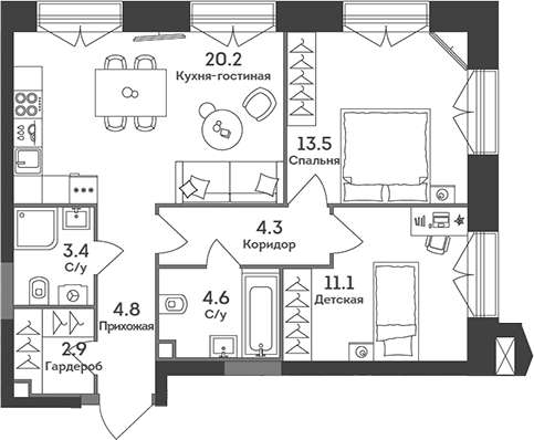 Планировка — Era, 3-комн., 65 м²