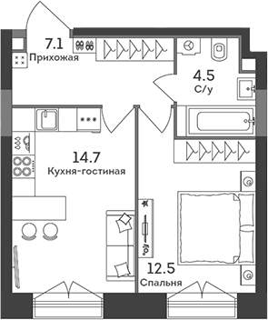 Планировка — Era, 2-комн., 39 м²