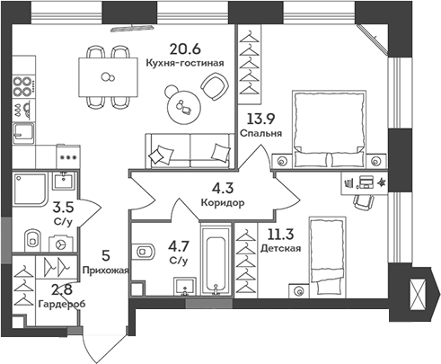 Планировка — Era, 3-комн., 66 м²